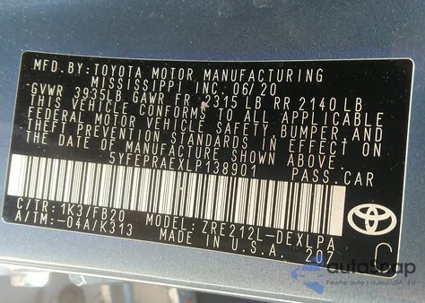 2020 Toyota Corolla Le from USA, damaged, VIN 5YFEPRAEXLP138901